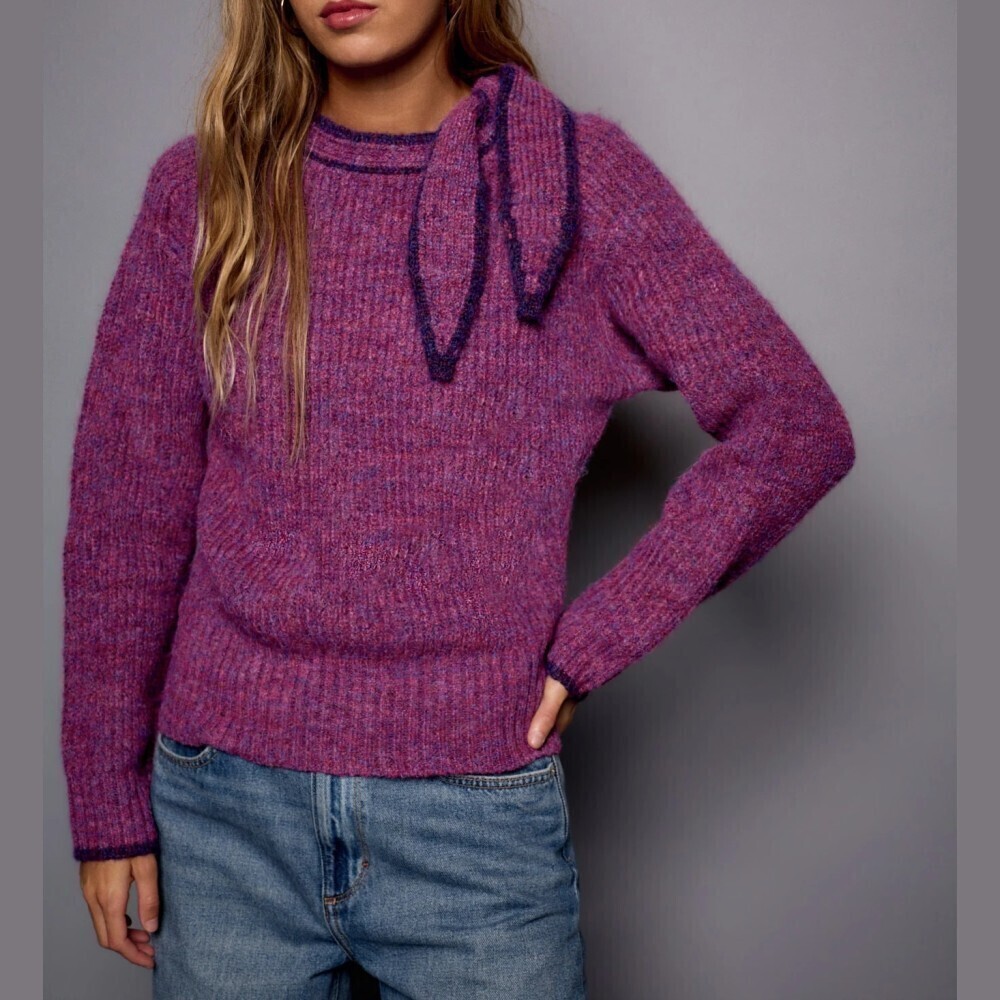 Magenta Pink / Purple Marled Ribbed Knit Tie Detail Long Sleeve Sweater